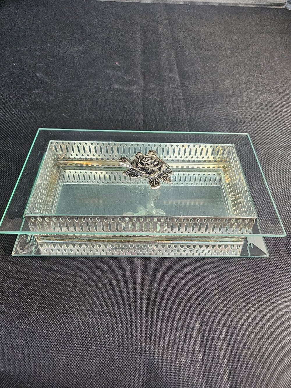 Davco Silver Ltd. Ornate Silver Filigree Mirrored Glass Jewelry Trinket Box